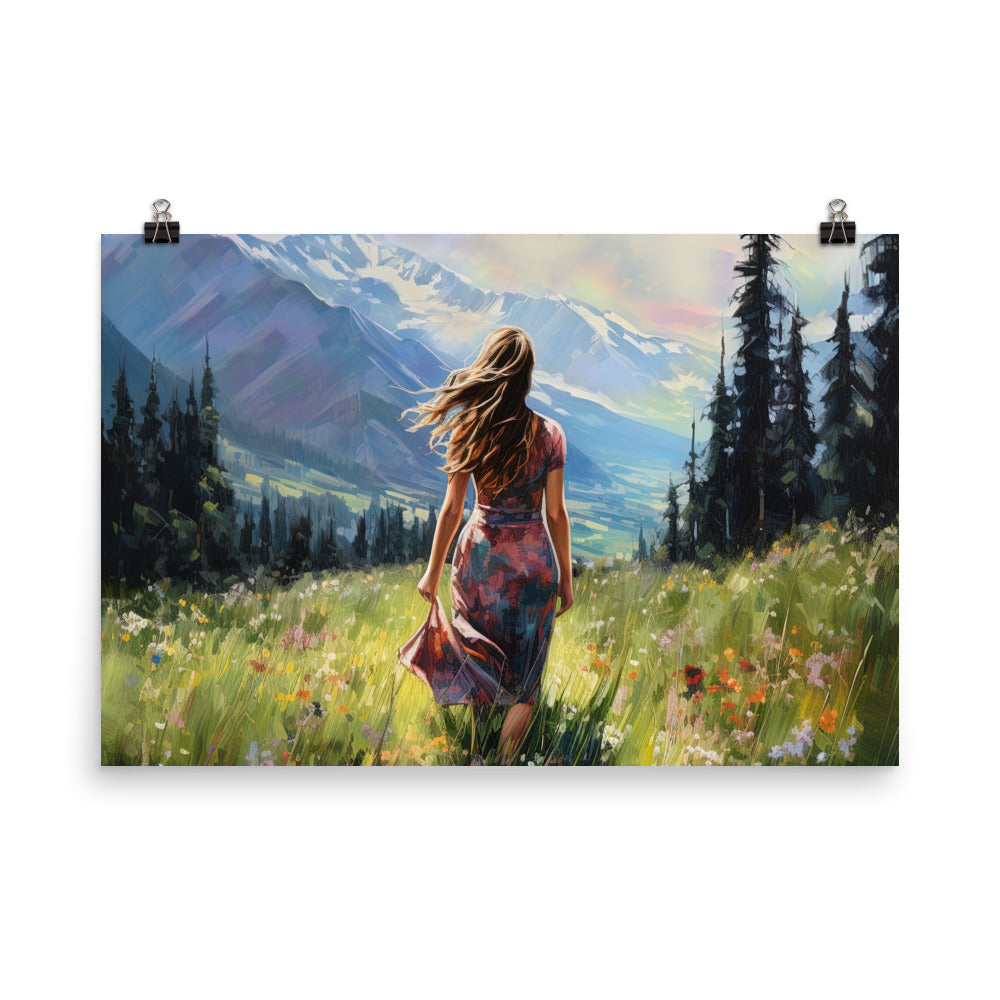 Frau mit langen Kleid im Feld mit Blumen - Berge im Hintergrund - Malerei - Poster berge xxx 61 x 91.4 cm
