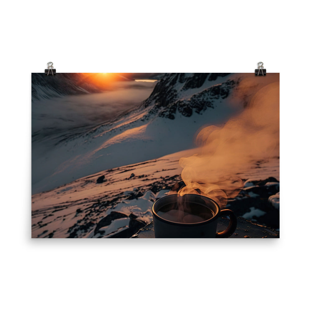 Heißer Kaffee auf einem schneebedeckten Berg - Poster berge xxx 61 x 91.4 cm