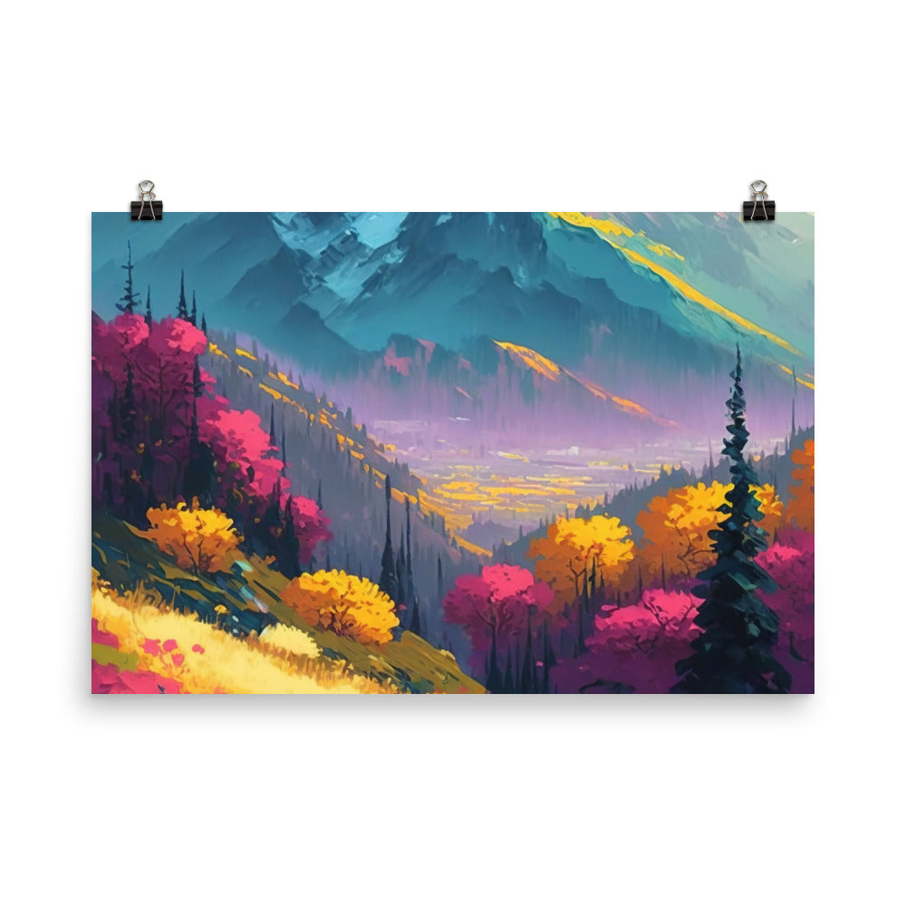 Berge, pinke und gelbe Bäume, sowie Blumen - Farbige Malerei - Poster berge xxx 61 x 91.4 cm