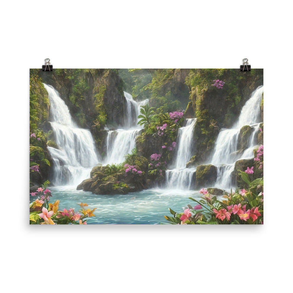 Wasserfall im Wald und Blumen - Schöne Malerei - Poster camping xxx 61 x 91.4 cm