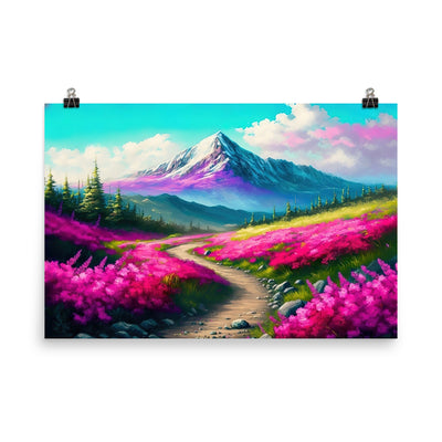 Berg, pinke Blumen und Wanderweg - Landschaftsmalerei - Poster berge xxx 61 x 91.4 cm