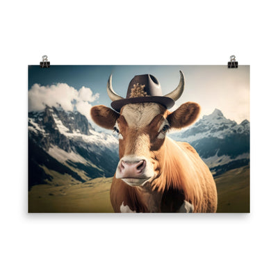 Kuh mit Hut in den Alpen - Berge im Hintergrund - Landschaftsmalerei - Poster berge xxx 61 x 91.4 cm
