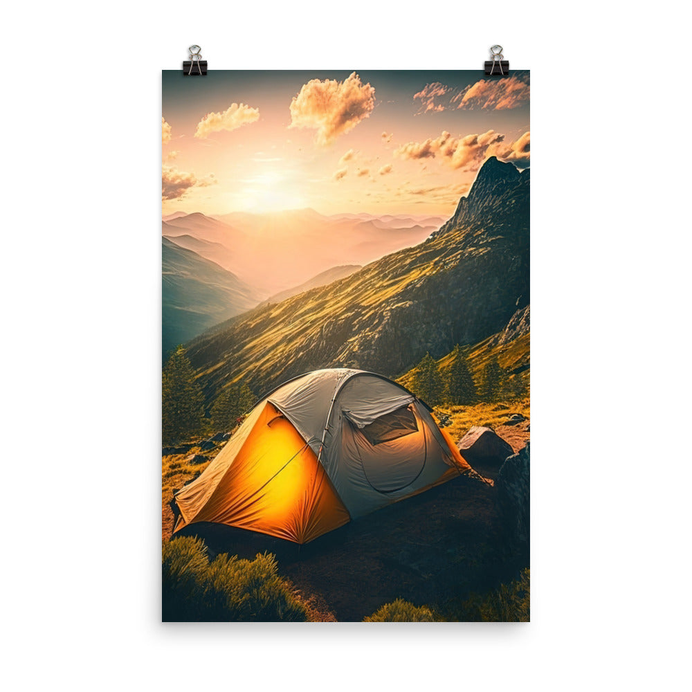 Zelt auf Berg im Sonnenaufgang - Landschafts - Poster camping xxx 61 x 91.4 cm