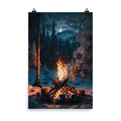 Lagerfeuer beim Camping - Wald mit Schneebedeckten Bäumen - Malerei - Poster camping xxx 61 x 91.4 cm