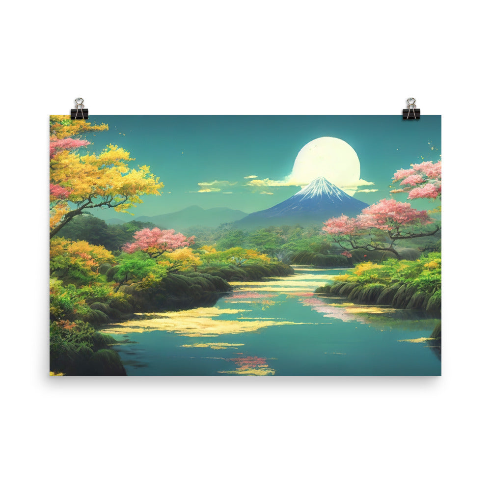 Berg, See und Wald mit pinken Bäumen - Landschaftsmalerei - Poster berge xxx 61 x 91.4 cm
