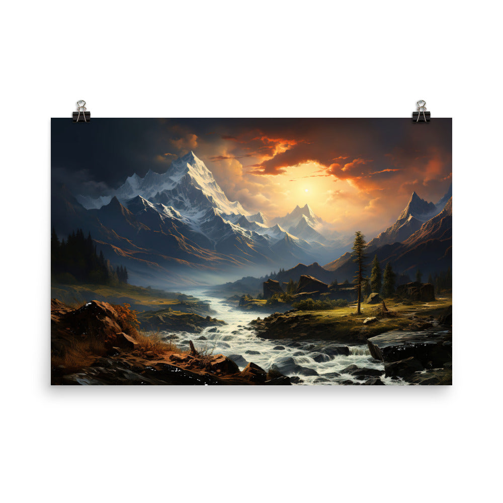 Berge, Sonne, steiniger Bach und Wolken - Epische Stimmung - Poster berge xxx 61 x 91.4 cm