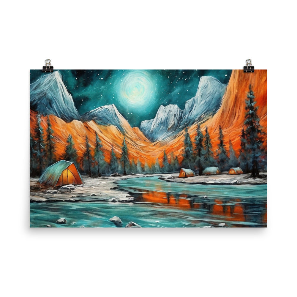 Berglandschaft und Zelte - Nachtstimmung - Landschaftsmalerei - Poster camping xxx 61 x 91.4 cm