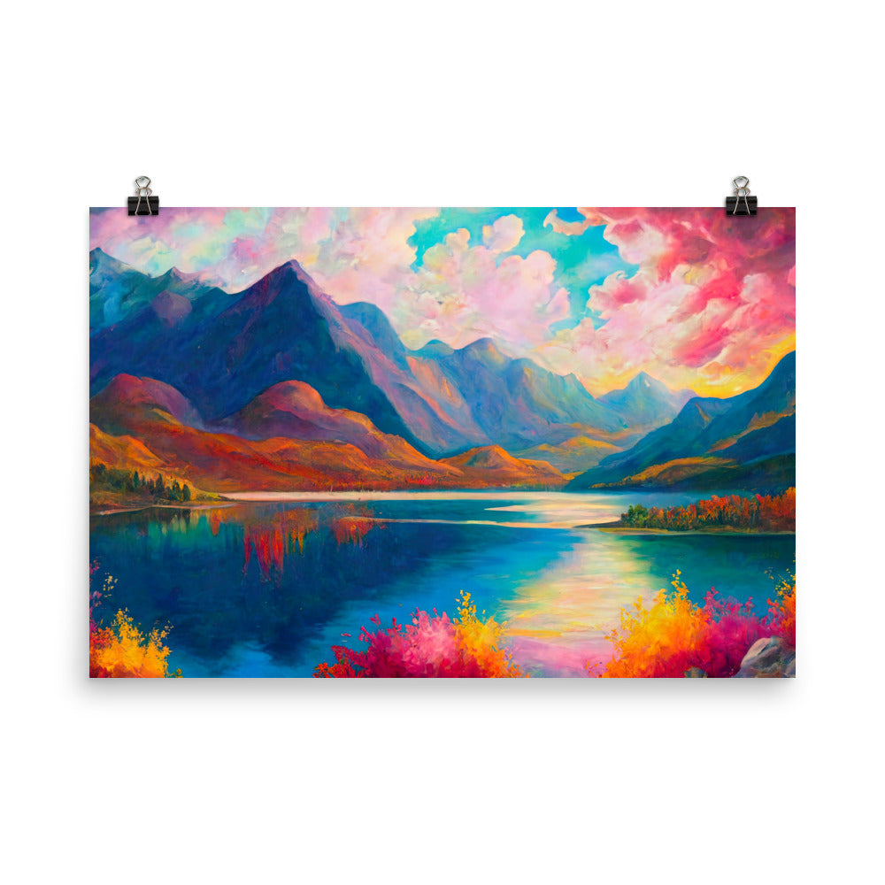 Berglandschaft und Bergsee - Farbige Ölmalerei - Poster berge xxx 61 x 91.4 cm