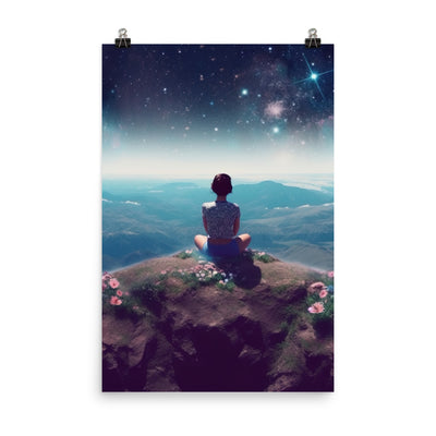 Frau sitzt auf Berg – Cosmos und Sterne im Hintergrund - Landschaftsmalerei - Poster berge xxx 61 x 91.4 cm