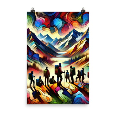 Abstraktes Kunstgemälde der Alpen voller lebendiger Muster. Ein vielfältiges Wanderteam, sowohl Männer als auch Frauen - Enhanced Matte wandern xxx yyy zzz 61 x 91.4 cm