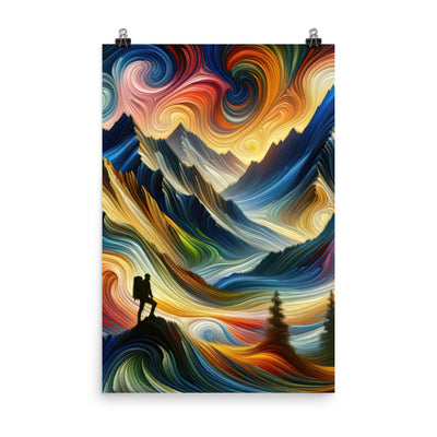 Abstraktes Kunstgemälde der Alpen mit wirbelnden, lebendigen Farben und dynamischen Mustern. Wanderer Silhouette - Enhanced Matte Paper wandern xxx yyy zzz 61 x 91.4 cm