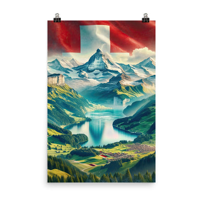 Berg Panorama: Schneeberge und Täler mit Schweizer Flagge - Poster berge xxx yyy zzz 61 x 91.4 cm