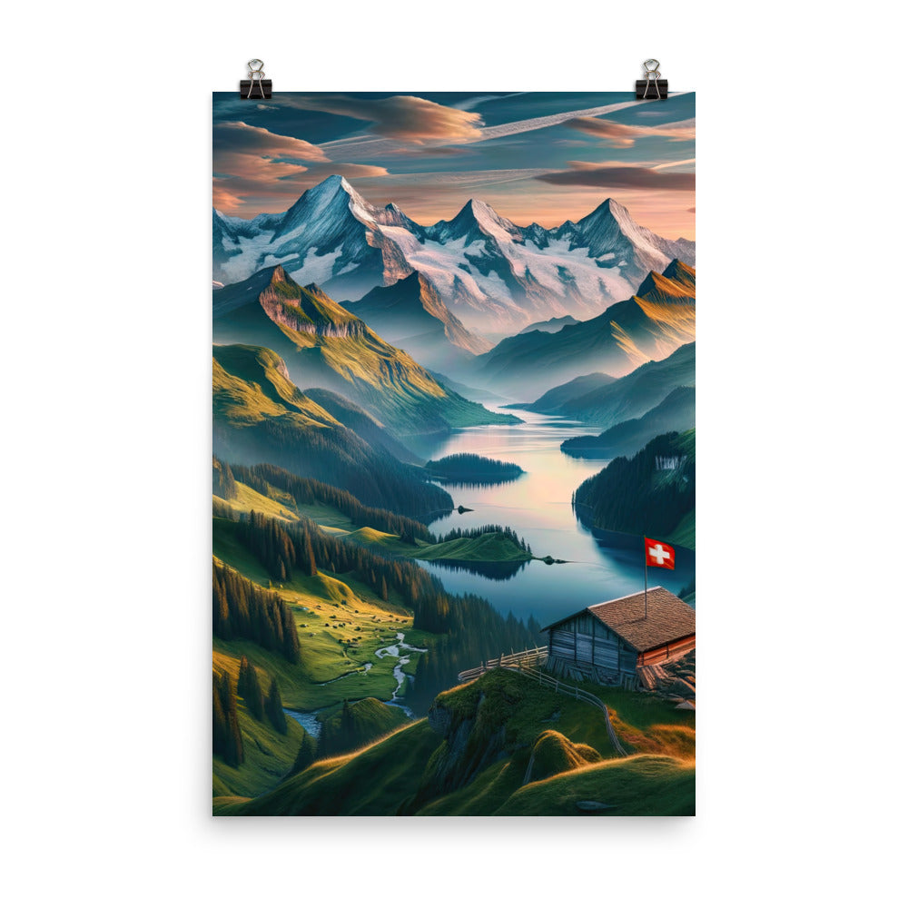 Schweizer Flagge, Alpenidylle: Dämmerlicht, epische Berge und stille Gewässer - Poster berge xxx yyy zzz 61 x 91.4 cm