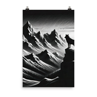 Kohlezeichnung, die die stille Stille der Alpen in der Winterdämmerung verkörpert. Wolf auf einem Berghügel (AN) - Enhanced Matte Paper xxx yyy zzz 61 x 91.4 cm