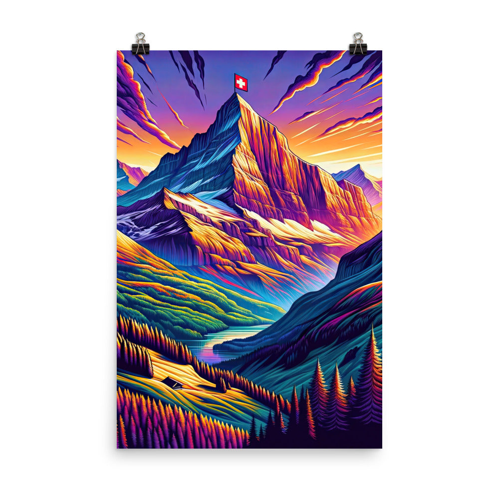 Bergpracht mit Schweizer Flagge: Farbenfrohe Illustration einer Berglandschaft - Poster berge xxx yyy zzz 61 x 91.4 cm