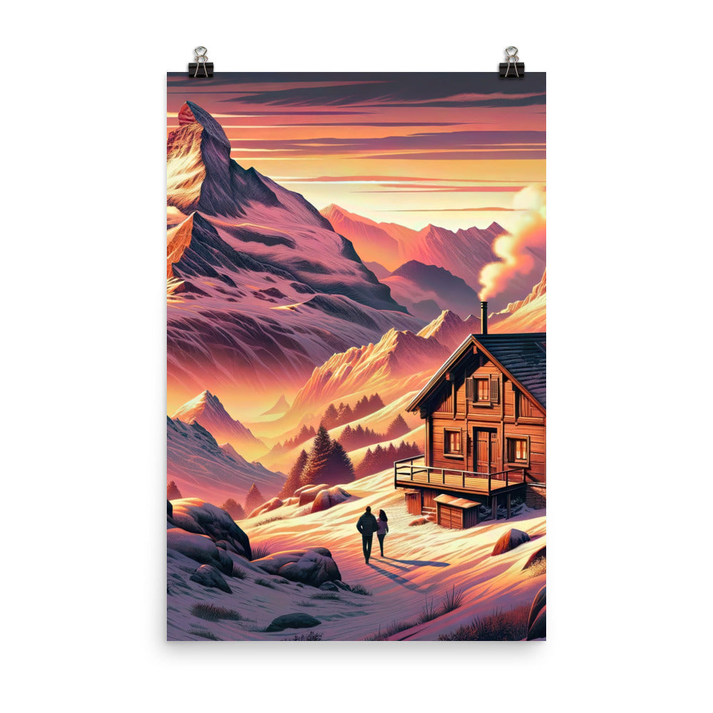 Berghütte im goldenen Sonnenuntergang: Digitale Alpenillustration - Poster berge xxx yyy zzz 61 x 91.4 cm