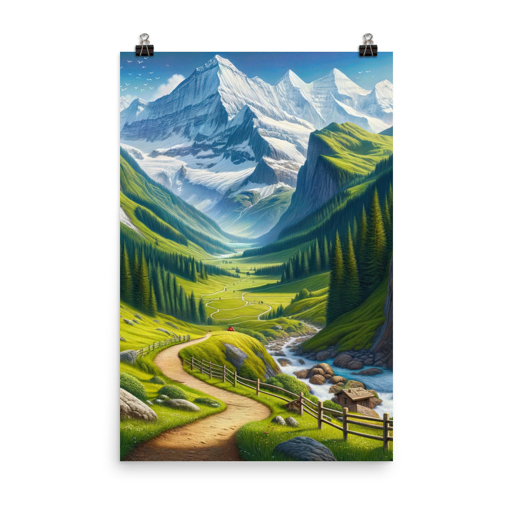 Wanderer in den Bergen und Wald: Digitale Malerei mit grünen kurvenreichen Pfaden - Poster wandern xxx yyy zzz 61 x 91.4 cm