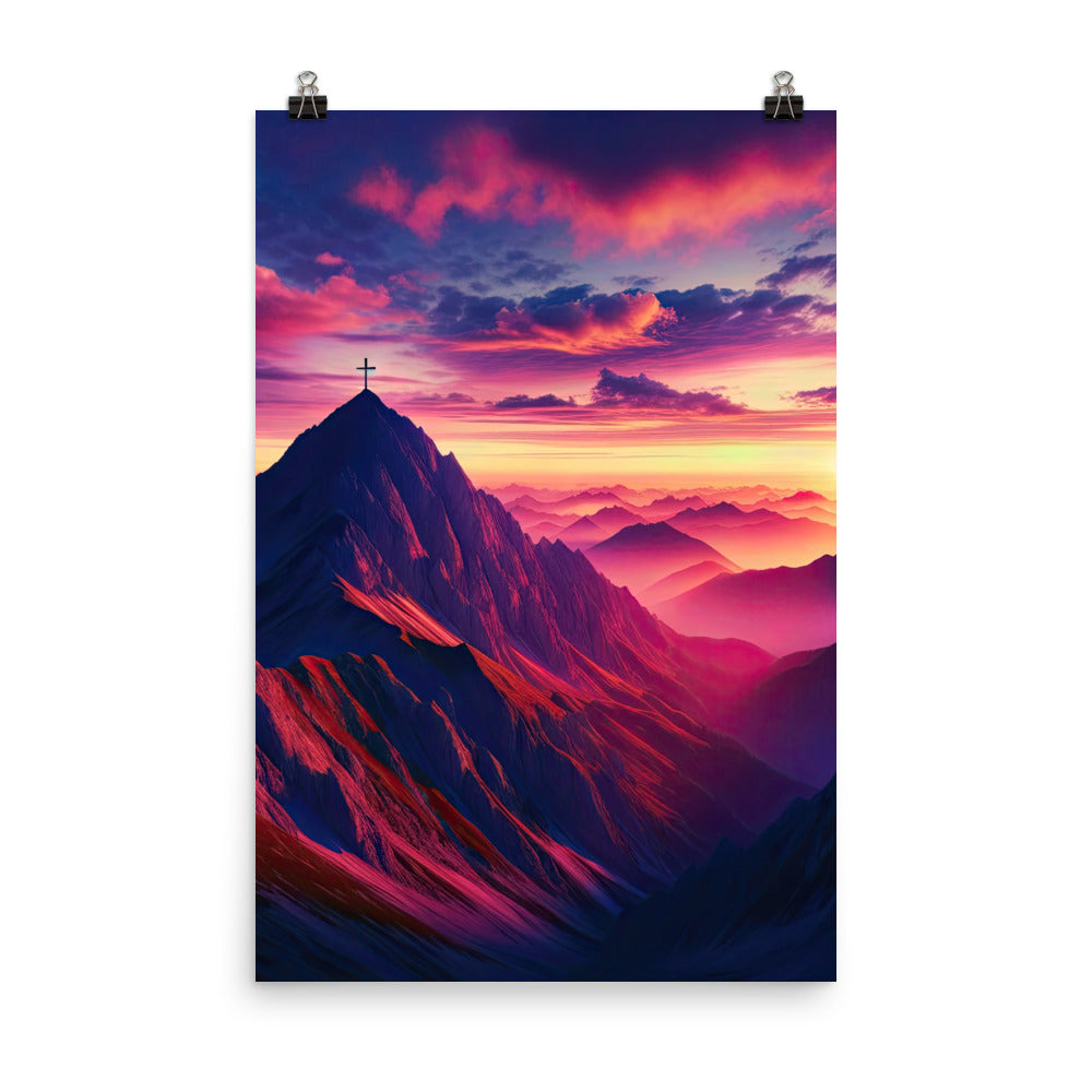 Dramatischer Alpen-Sonnenaufgang, Gipfelkreuz und warme Himmelsfarben - Poster berge xxx yyy zzz 61 x 91.4 cm