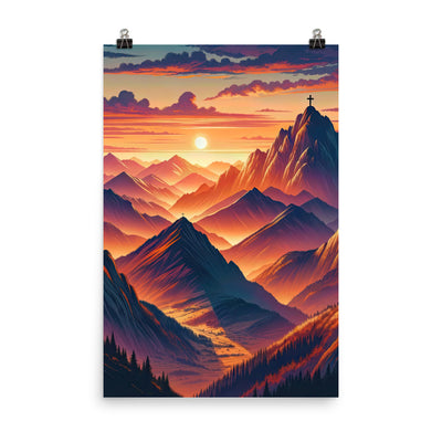 Dramatischer Alpen-Sonnenuntergang, Gipfelkreuz in Orange-Rosa - Poster berge xxx yyy zzz 61 x 91.4 cm