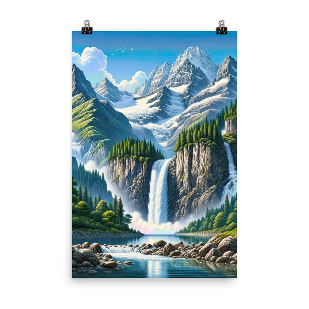 Illustration einer unberührten Alpenkulisse im Hochsommer. Wasserfall und See - Poster berge xxx yyy zzz 61 x 91.4 cm