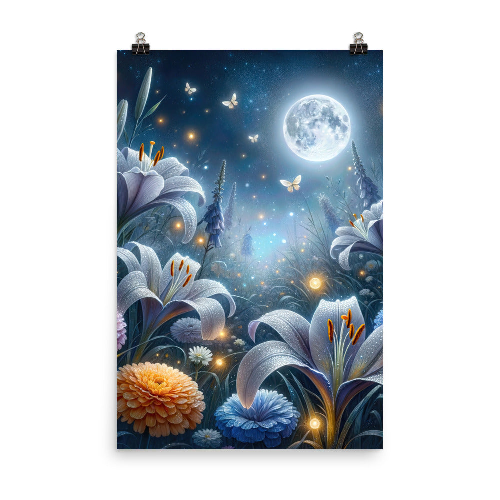 Ätherische Mondnacht auf blühender Wiese, silbriger Blumenglanz - Poster camping xxx yyy zzz 61 x 91.4 cm