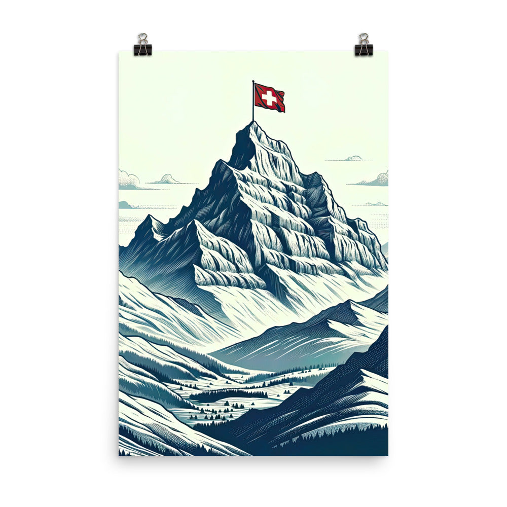 Ausgedehnte Bergkette mit dominierendem Gipfel und wehender Schweizer Flagge - Poster berge xxx yyy zzz 61 x 91.4 cm