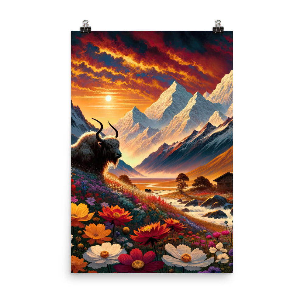 Magischer Alpenabend mit Hochlandkuh und goldener Sonnenkulisse - Poster berge xxx yyy zzz 61 x 91.4 cm
