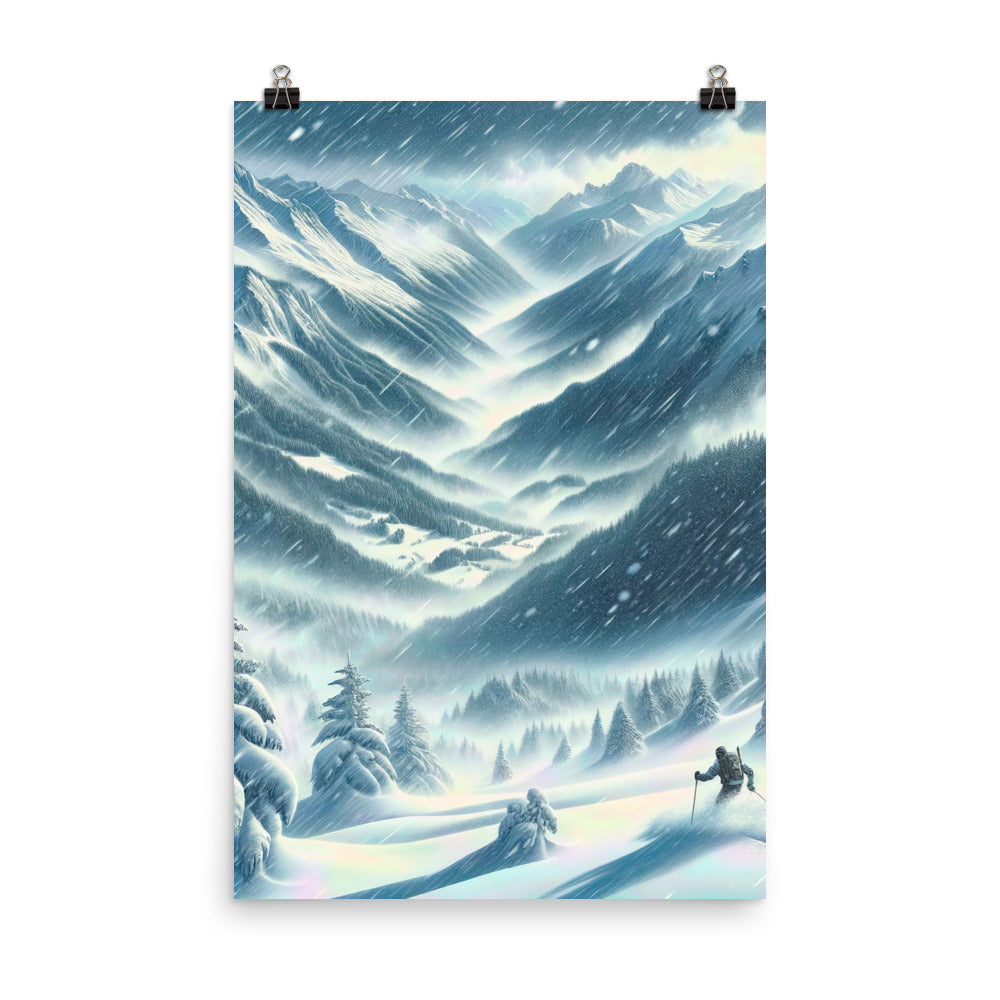 Alpine Wildnis im Wintersturm mit Skifahrer, verschneite Landschaft - Poster klettern ski xxx yyy zzz 61 x 91.4 cm
