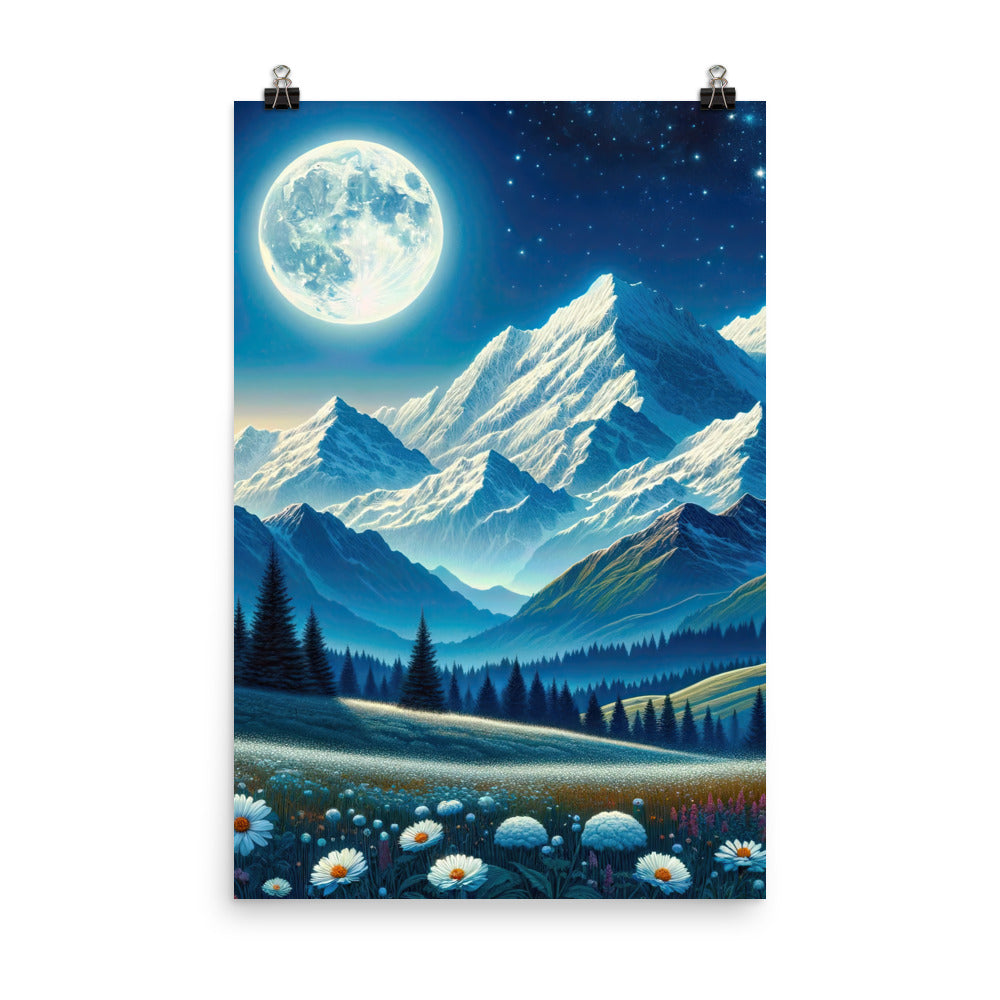 Klare frühlingshafte Alpennacht mit Blumen und Vollmond über Schneegipfeln - Poster berge xxx yyy zzz 61 x 91.4 cm