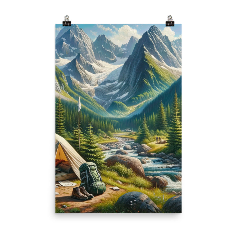 Ölgemälde der Alpensommerlandschaft mit Zelt, Gipfeln, Wäldern und Bächen - Poster camping xxx yyy zzz 61 x 91.4 cm