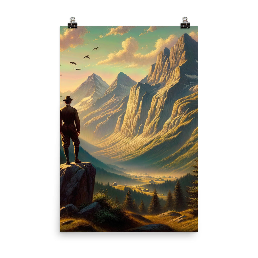 Ölgemälde eines Schweizer Wanderers in den Alpen bei goldenem Sonnenlicht - Poster wandern xxx yyy zzz 61 x 91.4 cm