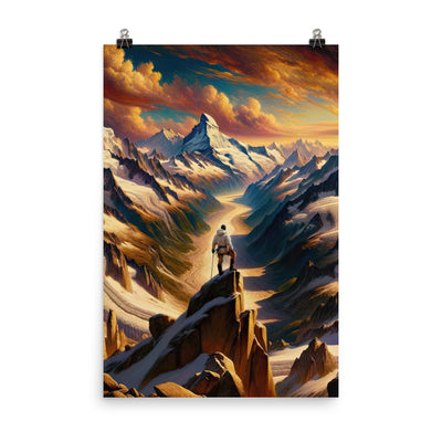 Ölgemälde eines Wanderers auf einem Hügel mit Panoramablick auf schneebedeckte Alpen und goldenen Himmel - Enhanced Matte Paper Poster wandern xxx yyy zzz 61 x 91.4 cm