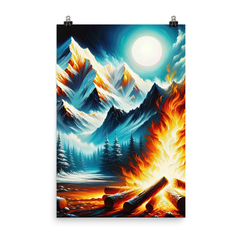 Ölgemälde von Feuer und Eis: Lagerfeuer und Alpen im Kontrast, warme Flammen - Poster camping xxx yyy zzz 61 x 91.4 cm