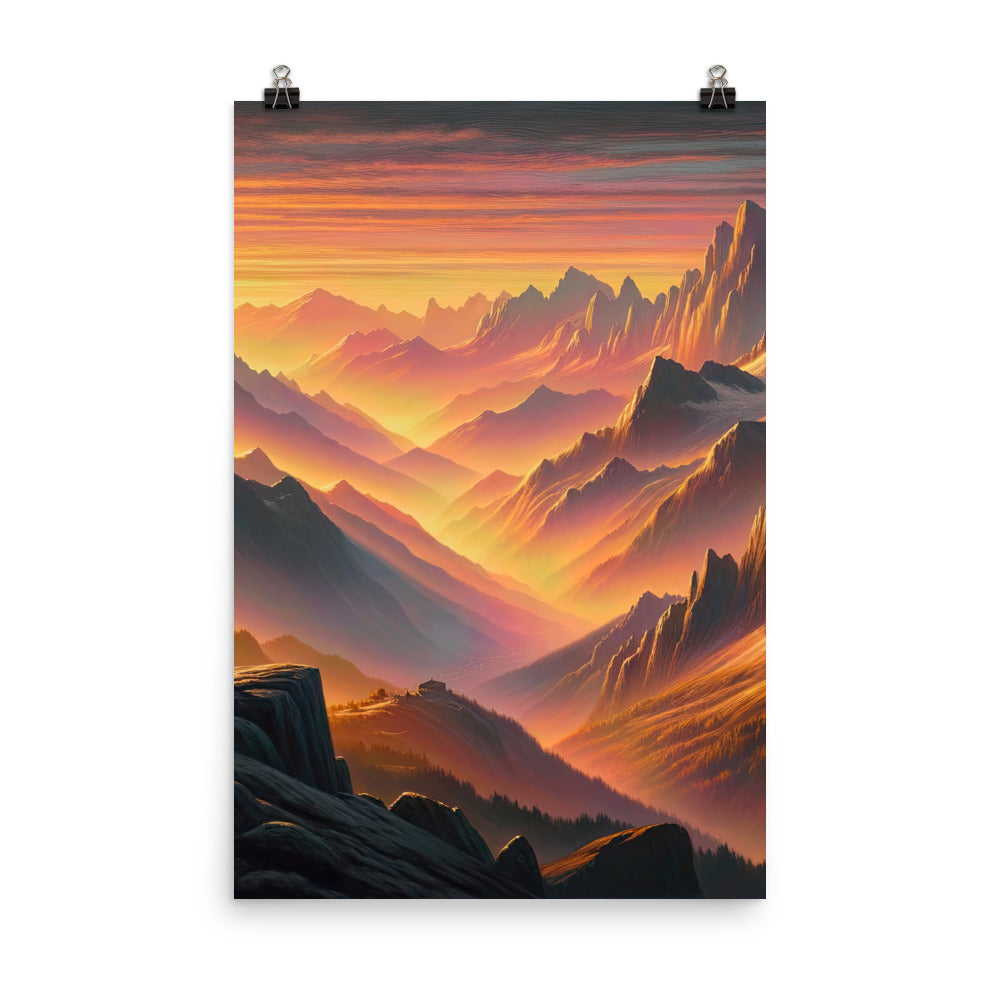 Ölgemälde der Alpen in der goldenen Stunde mit Wanderer, Orange-Rosa Bergpanorama - Poster wandern xxx yyy zzz 61 x 91.4 cm