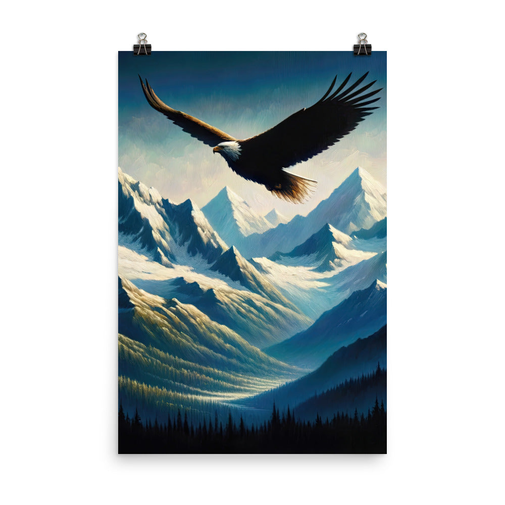 Ölgemälde eines Adlers vor schneebedeckten Bergsilhouetten - Poster berge xxx yyy zzz 61 x 91.4 cm