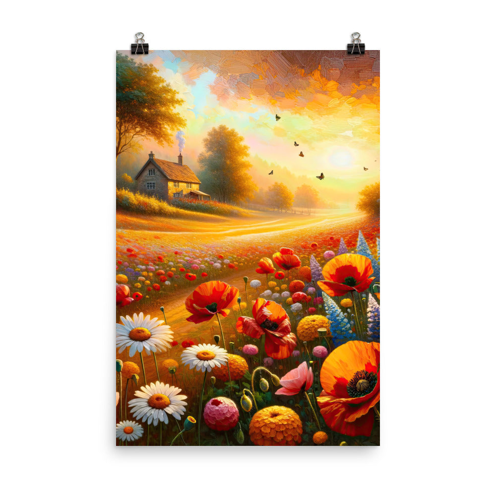 Ölgemälde eines Blumenfeldes im Sonnenuntergang, leuchtende Farbpalette - Poster camping xxx yyy zzz 61 x 91.4 cm