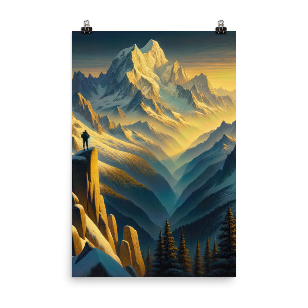 Ölgemälde eines Wanderers bei Morgendämmerung auf Alpengipfeln mit goldenem Sonnenlicht - Poster wandern xxx yyy zzz 61 x 91.4 cm