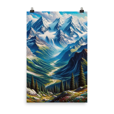 Panorama-Ölgemälde der Alpen mit schneebedeckten Gipfeln und schlängelnden Flusstälern - Poster berge xxx yyy zzz 61 x 91.4 cm