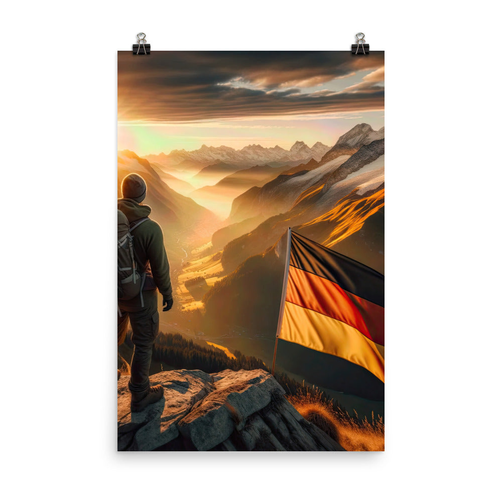 Foto der Alpen bei Sonnenuntergang mit deutscher Flagge und Wanderer, goldenes Licht auf Schneegipfeln - Enhanced Matte Paper Poster berge xxx yyy zzz 61 x 91.4 cm