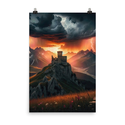 Foto einer Alpenburg bei stürmischem Sonnenuntergang, dramatische Wolken und Sonnenstrahlen - Poster berge xxx yyy zzz 61 x 91.4 cm