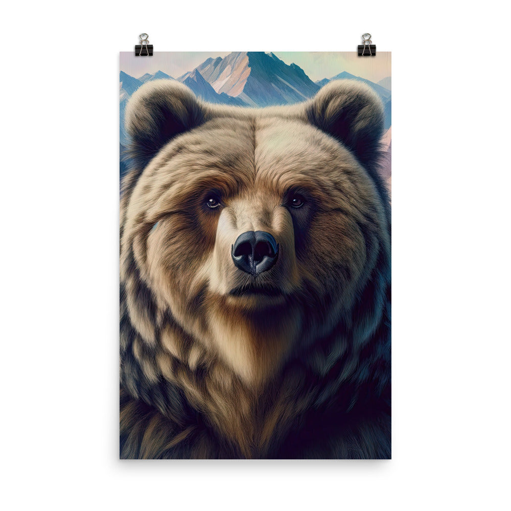Foto eines Bären vor abstrakt gemalten Alpenbergen, Oberkörper im Fokus - Poster camping xxx yyy zzz 61 x 91.4 cm