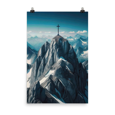 Foto der Alpen mit Gipfelkreuz an einem klaren Tag, schneebedeckte Spitzen vor blauem Himmel - Poster berge xxx yyy zzz 61 x 91.4 cm