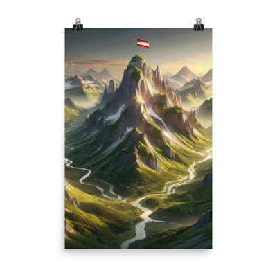 Fotorealistisches Bild der Alpen mit österreichischer Flagge, scharfen Gipfeln und grünen Tälern - Poster berge xxx yyy zzz 61 x 91.4 cm