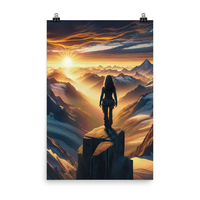 Fotorealistische Darstellung der Alpen bei Sonnenaufgang, Wanderin unter einem gold-purpurnen Himmel - Poster wandern xxx yyy zzz 61 x 91.4 cm