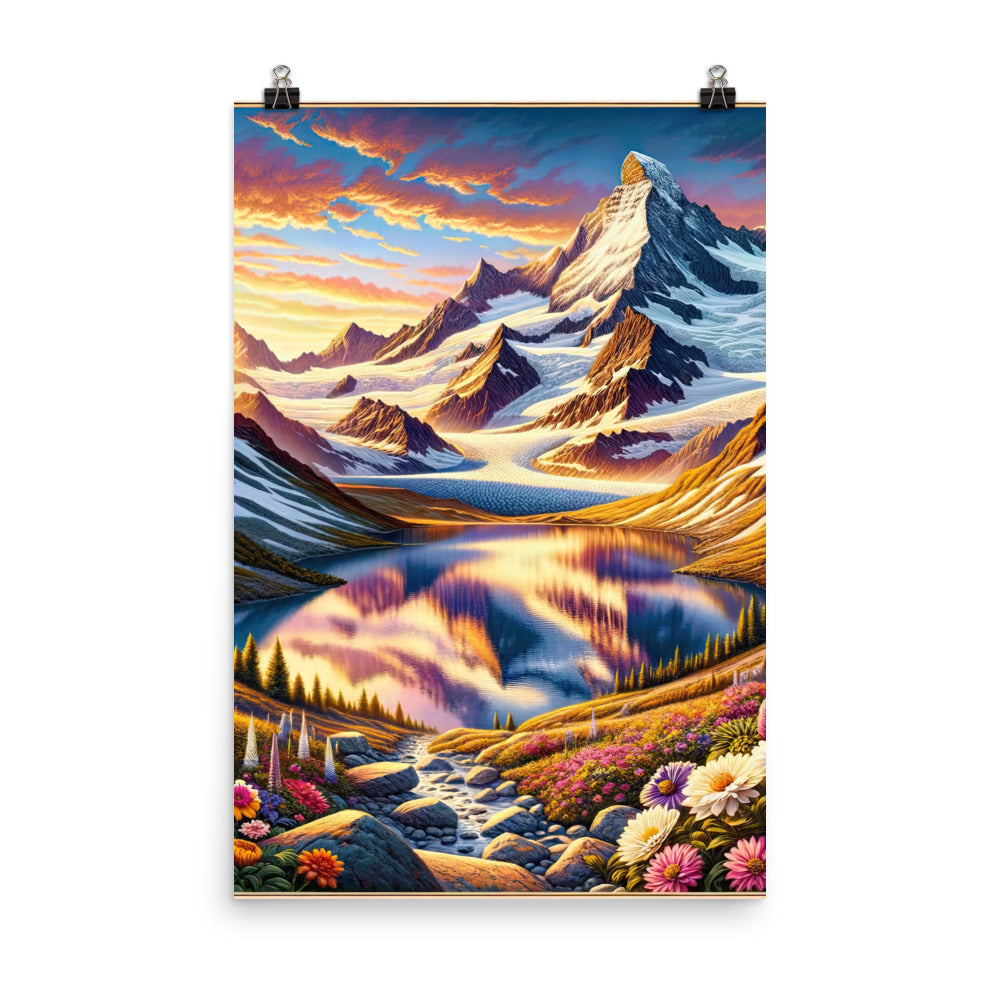 Quadratische Illustration der Alpen mit schneebedeckten Gipfeln und Wildblumen - Poster berge xxx yyy zzz 61 x 91.4 cm