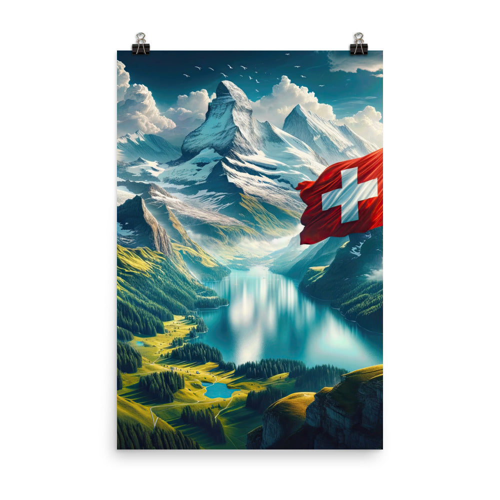 Ultraepische, fotorealistische Darstellung der Schweizer Alpenlandschaft mit Schweizer Flagge - Poster berge xxx yyy zzz 61 x 91.4 cm