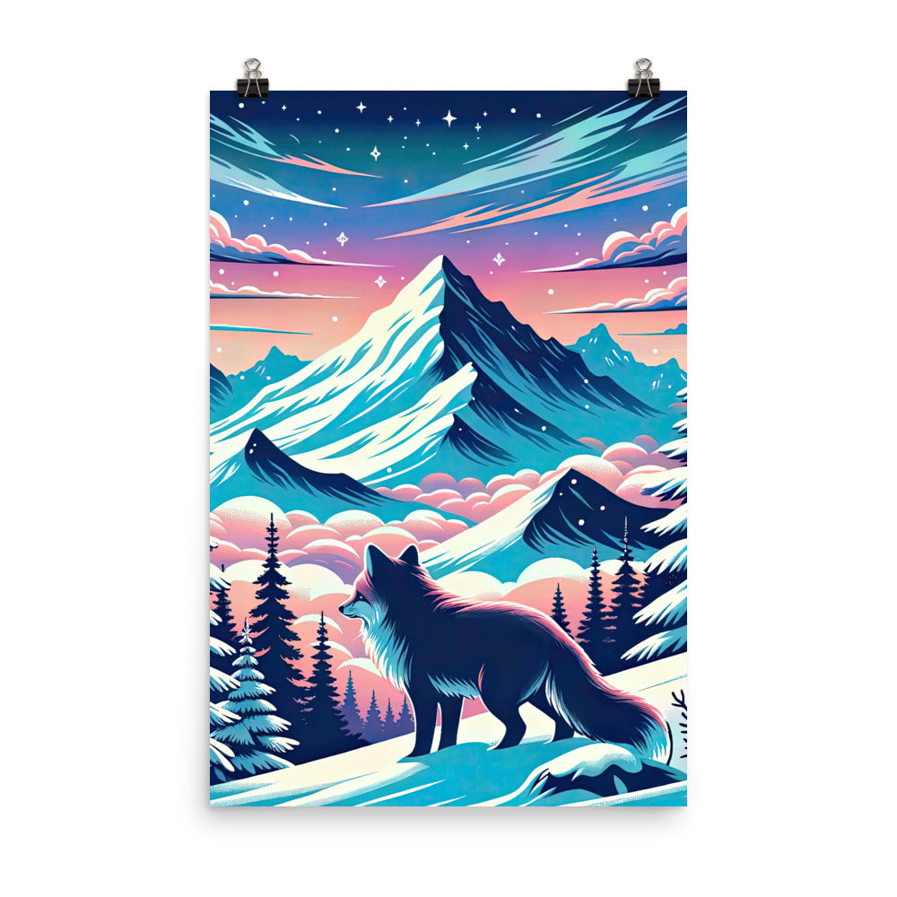 Vektorgrafik eines alpinen Winterwunderlandes mit schneebedeckten Kiefern und einem Fuchs - Poster camping xxx yyy zzz 61 x 91.4 cm