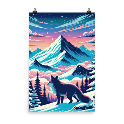 Vektorgrafik eines alpinen Winterwunderlandes mit schneebedeckten Kiefern und einem Fuchs - Poster camping xxx yyy zzz 61 x 91.4 cm