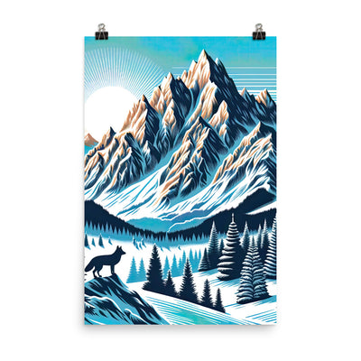 Vektorgrafik eines Wolfes im winterlichen Alpenmorgen, Berge mit Schnee- und Felsmustern - Poster berge xxx yyy zzz 61 x 91.4 cm