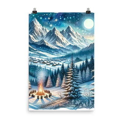 Aquarell eines Winterabends in den Alpen mit Lagerfeuer und Wanderern, glitzernder Neuschnee - Poster camping xxx yyy zzz 61 x 91.4 cm